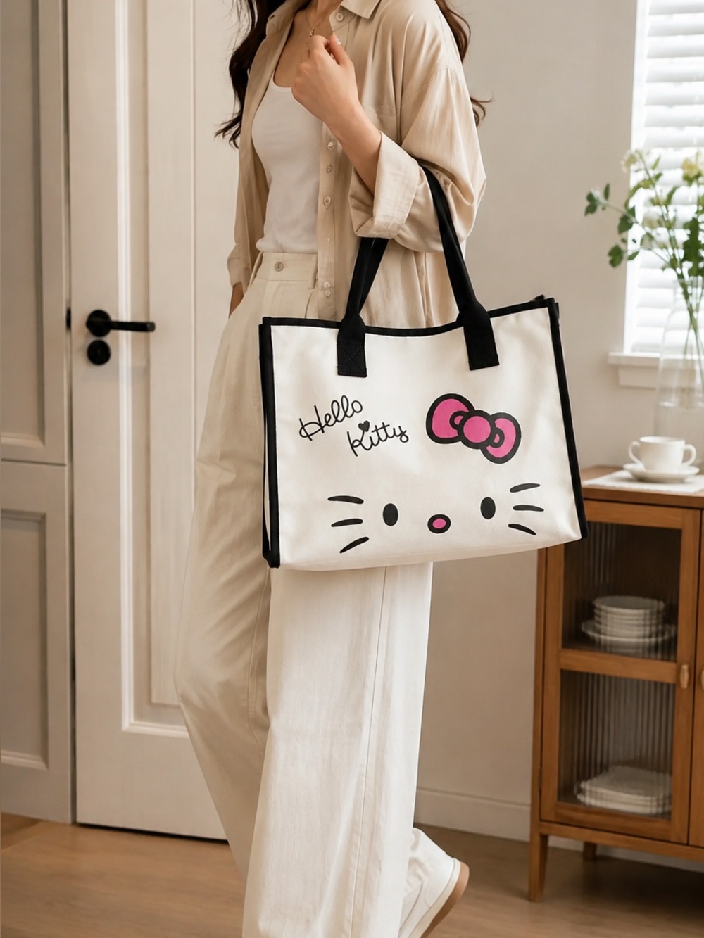NIP Sanrio Hello Kitty Large Canvas Tote Bag Black Trim Pink Bow - Picture 4 of 6